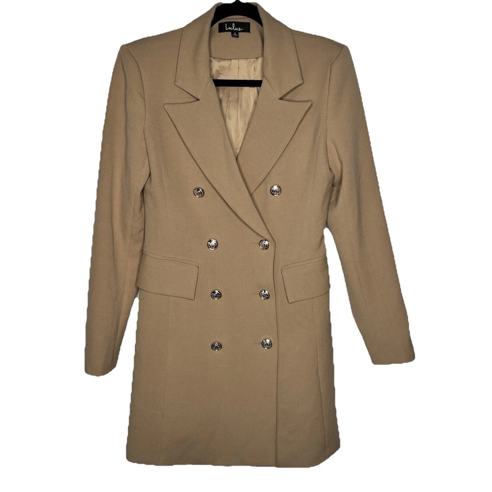 Lulus Captain's Blog Tan Double-Breasted Coat Blazer SM Notched Lapel Career
